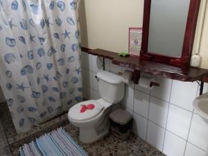 a bathroom with a toilet and a sink and a mirror at Bella Vista Corcovado in Drake