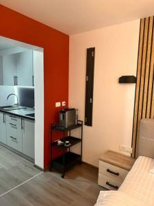 a room with a kitchen with a sink and a microwave at Residence 57 in Reşiţa
