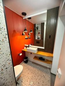 a bathroom with a toilet and a sink and a mirror at Residence 57 in Reşiţa