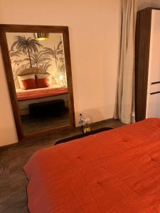 een slaapkamer met een rood bed en een spiegel bij Studio « L’instant présent » balnéothérapie in Gaillac