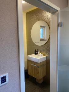 a bathroom with a sink and a mirror at TinyLoft in Bad Teinach-Zavelstein