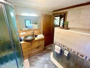 ein Bad mit einem Waschbecken und einem Spiegel in der Unterkunft Cosy cottage in countryside in Šentjernej