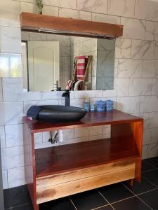 a bathroom counter with a sink and a mirror at Résidence Lilas Rose in Andilana