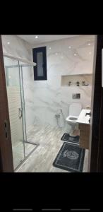 a bathroom with a shower and a toilet and a sink at Sweet home three bedroom house in Sousse