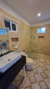 a bathroom with a sink and a toilet and a shower at Villa on The Beach Seaside Sunrise Haven 7 bedroom in Cancún