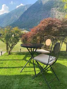 een tafel en een stoel in het gras bij Holiday accomodation Coglio in Maggia
