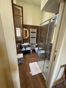uma casa de banho com uma cabina de duche em vidro e um WC. em Villa Natalina B&B em Pisa