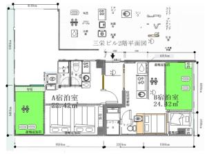 uma planta de um edifício com diagramas em MoRi House IN 伊勢佐木町 em Yokohama