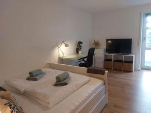 Schlafzimmer mit einem Bett, einem Schreibtisch und einem TV in der Unterkunft Rooftop Apartments - Doppelzimmer Deluxe in Gemeinschaftsunterkunft Weinberg R3 in Ulm
