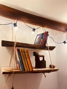 a shelf with books and a tv on a wall at Hostal Casa Ceiba in Barichara