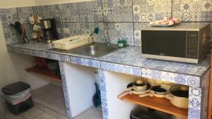 a kitchen counter with a sink and a microwave at Casa Flores Carrillo - Monkey Cabena in Carrillo