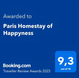 Certifikát, ocenenie alebo iný dokument vystavený v ubytovaní Paris Homestay of Happyness