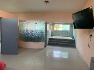 La salle de bains est pourvue d'une douche, d'une baignoire et de toilettes. dans l'établissement Terraza gardenia, à Guadalajara