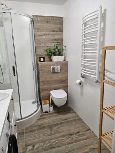 uma casa de banho com um WC, um chuveiro e um lavatório. em MIRA Apartment in My Center em Szczecin