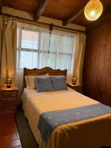 a bedroom with a bed with blue pillows and a window at Casa PiYo in San Cristóbal de Las Casas