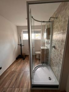 uma casa de banho com um chuveiro e um WC. em Apartamento movistar Arena-Estadio El Campin-galerías con garaje 2 a 6 personas em Bogotá