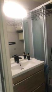 La salle de bains est pourvue d'un lavabo et d'un miroir. dans l'établissement Agde : appartement vue sur le port, au Cap d'Agde
