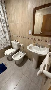 a bathroom with a toilet and a sink and a mirror at Casa Los Ñires Ushuaia in Ushuaia