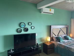 a bedroom with a bed and a flat screen tv at Brisa del Mar #6 in Brisas de Zicatela