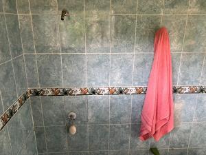prysznic z różowym ręcznikiem wiszącym na ścianie w obiekcie Villa Medici Macarena, finca eco-turistica 
