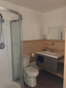 a bathroom with a toilet and a sink and a shower at Inukshuk Rooms in Churchill