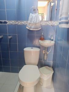 a blue tiled bathroom with a toilet and a sink at Hospedaje Hermanos Cardona in Armenia