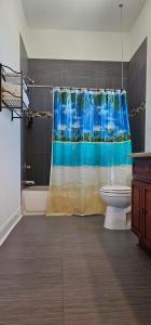 uma casa de banho com uma cortina de chuveiro e um WC em PRIVATE BEACH -- AWAY FROM THE CROWDS - Ocean Views -Short drive to MOODY GARDENS, SCHLITTER BAHN, PLEASURE PIER em Galveston