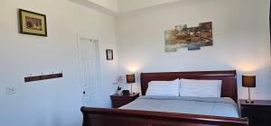 um quarto com uma cama e um quadro na parede em PRIVATE BEACH -- AWAY FROM THE CROWDS - Ocean Views -Short drive to MOODY GARDENS, SCHLITTER BAHN, PLEASURE PIER em Galveston