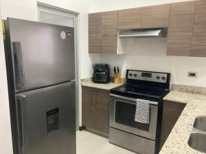 eine Küche mit einem Kühlschrank aus Edelstahl und einem Herd in der Unterkunft Hermoso Apartamento en Alajuela in Alajuela