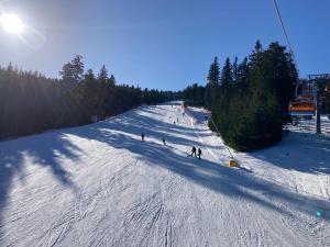 a group of people skiing down a snow covered slope at Apartmán u Klínovce in Kovářská