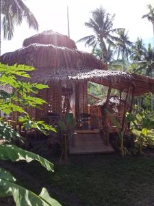 Cette cabane dispose d'une terrasse couverte et d'un toit de chaume. dans l'établissement Prince John beachfront cottages and Restaurant, à San Vicente