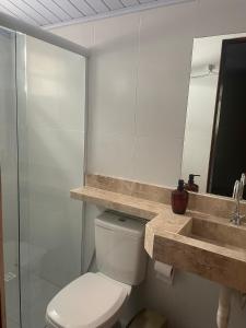 W łazience znajduje się toaleta, umywalka i lustro. w obiekcie Casa Bela Vista w mieście Piranhas