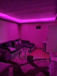 salon z kanapą i różowymi światłami w obiekcie MAXX Lake Apart w mieście Bacău