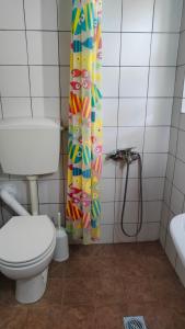 a bathroom with a toilet and a shower curtain at erofili apartments in Kalamos