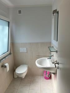 a bathroom with a toilet and a sink at Altes Backhaus in Herzogenaurach