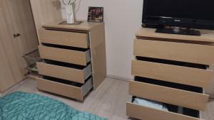 a room with a tv and drawers and a rug at FeWo Harzblickterrasse Goslar in Goslar