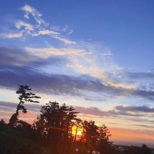 una puesta de sol con árboles delante de un cielo nublado en Siyoung's House, en Jeju