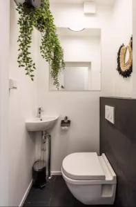 y baño con aseo blanco y lavamanos. en Cozy 2-bedroom apartment en Ámsterdam