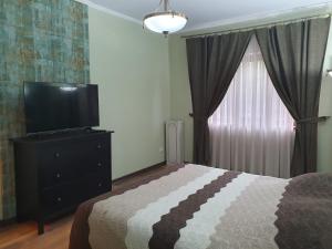 Schlafzimmer mit einem Bett und einem Flachbild-TV in der Unterkunft Poiana Golf Chalet in Buşteni