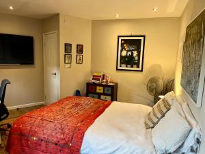 Schlafzimmer mit einem Bett und einem Flachbild-TV in der Unterkunft Modern, Gr Floor 1 bed, bathroom, garden & private entry. in Cambridge