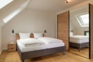 a bedroom with two beds and a large mirror at LUV - Haus am See in Streu