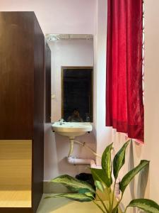 baño con lavabo y cortina roja en Purnima Residency, en Neil Island