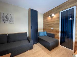 una sala de estar con un sofá y una silla en Superior Baltea 2 rooms, 1 bedroom, Beach 800m, Air Condition! Terrace, en Gdansk