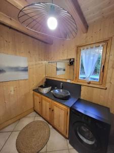 a bathroom with a sink and a washing machine at Chalet de standing 14 personnes in Gérardmer