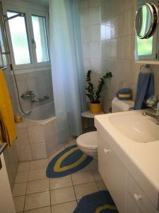 a bathroom with a sink and a toilet and a tub at Garten-Wohnung in Eschen