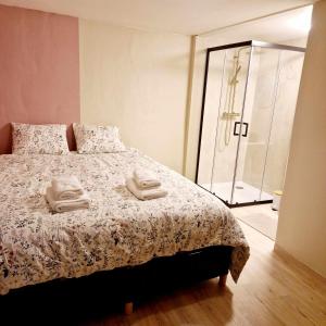 1 dormitorio con 1 cama con 2 toallas en Le murmure des Lucioles, en Hamoir