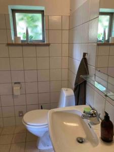 a bathroom with a white toilet and a sink at Gislinge overnatning in Gislinge