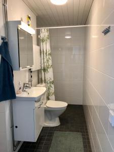 a bathroom with a toilet and a sink and a mirror at Top floor one bedroom apartment with balcony in Helsinki