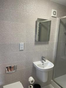 a bathroom with a sink and a toilet and a mirror at Two Bedroom Duplex Apartment The Priory - St Ives in St. Ives
