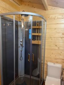 W łazience znajduje się prysznic ze szklanymi drzwiami. w obiekcie Les Chalets de Marie & Stéph - Jacuzzi SPA privatif sans vis à vis , vue mer w mieście Saint-Denis